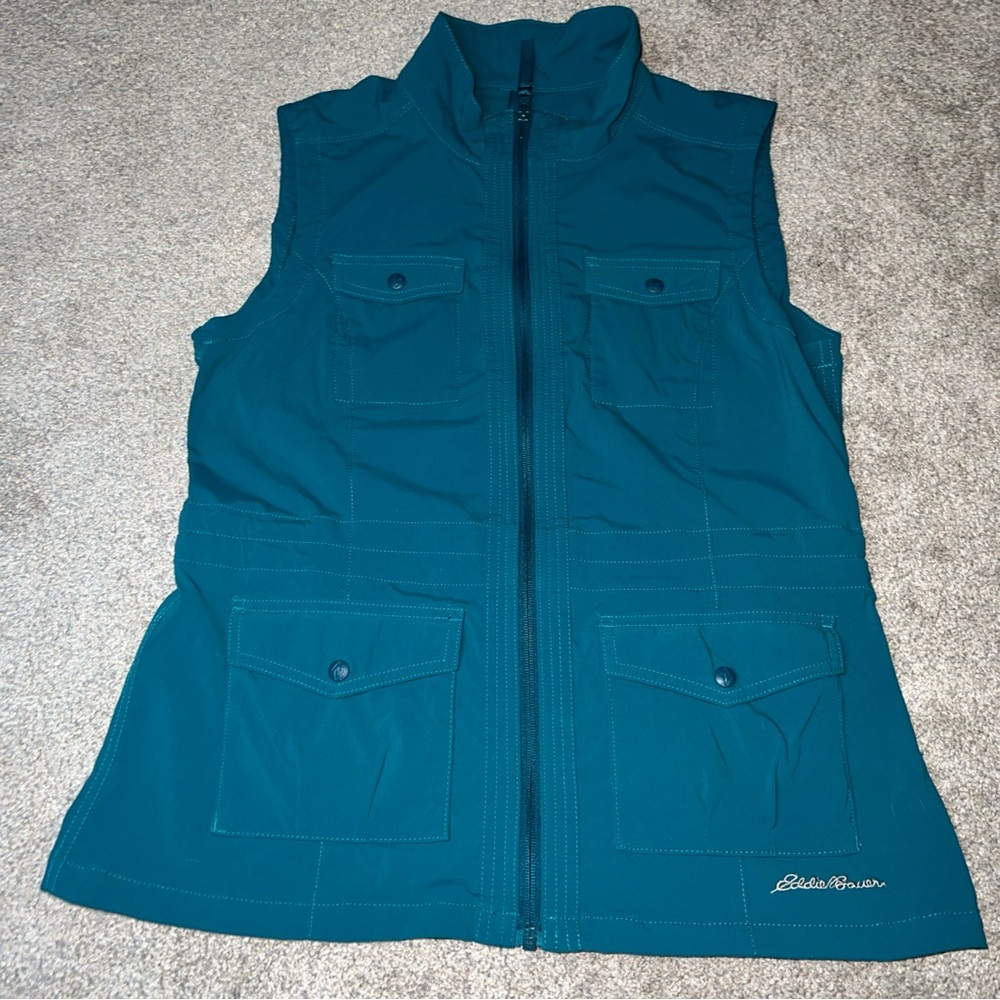 Eddie Bauer Travex Utility Vest Teal Blue/Green Pockets Full Zip Hiking Outdoors